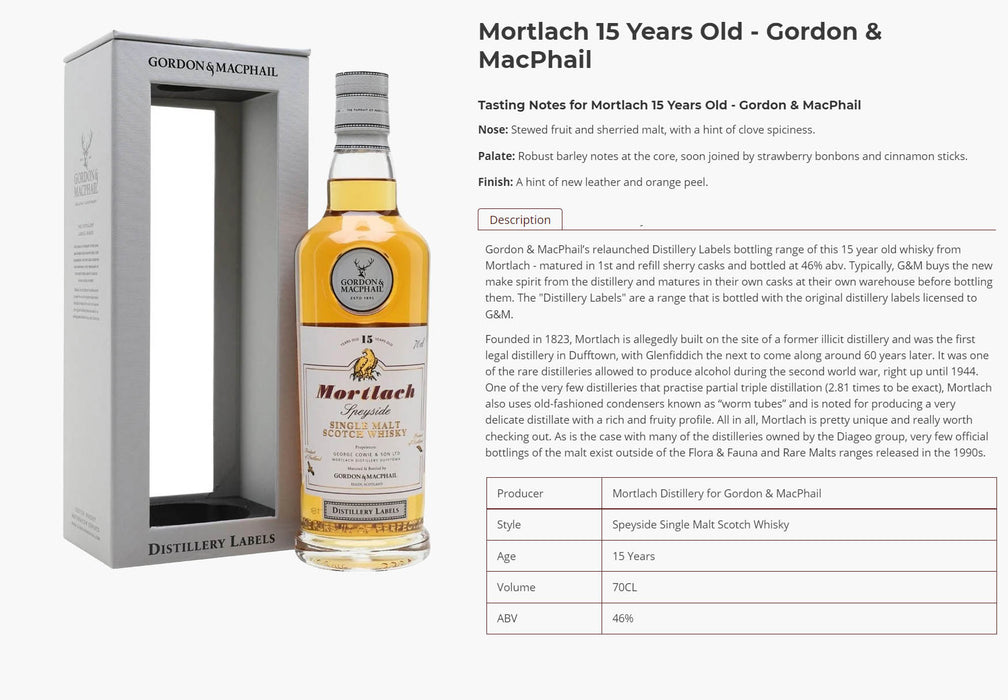 Mortlach 15 Year Old Gordon & Macphail Speyside Single Malt Scotch Whisky ABV46% 70cl (No Box)
