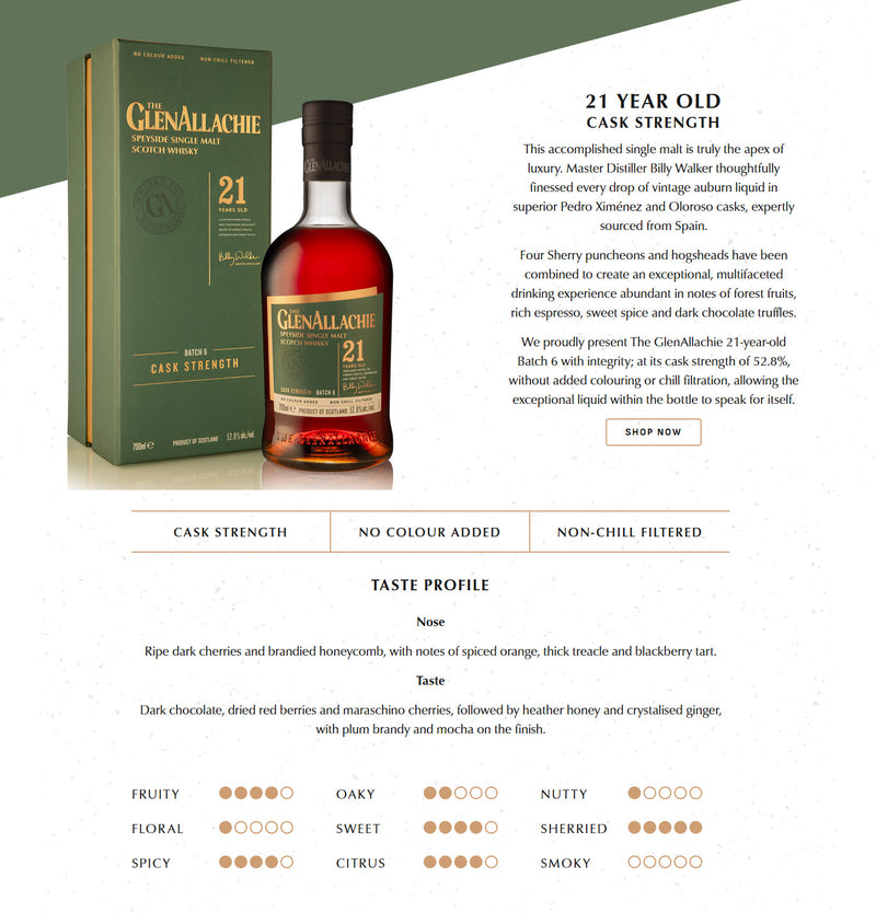 The GlenAllachie 21 Year Cask Strength Batch 6 Speyside Single Malt Scotch Whisky ABV 52.8% 700ml