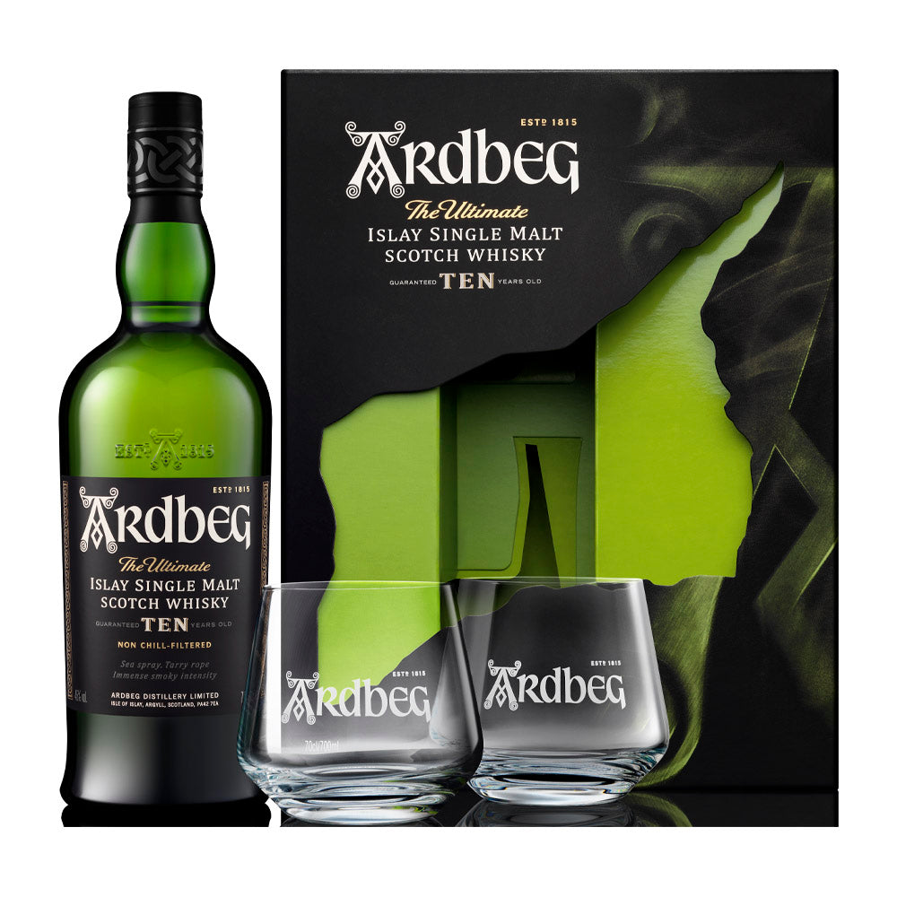 ＡＲＤＢＥＧ　ウイスキー　ウェアハウスボックス　　１０年　４６度　ＭＨＤ　モエ Ardbeg 10 Year Old with 2 Glasses VAP Islay Single Malt Scotch
