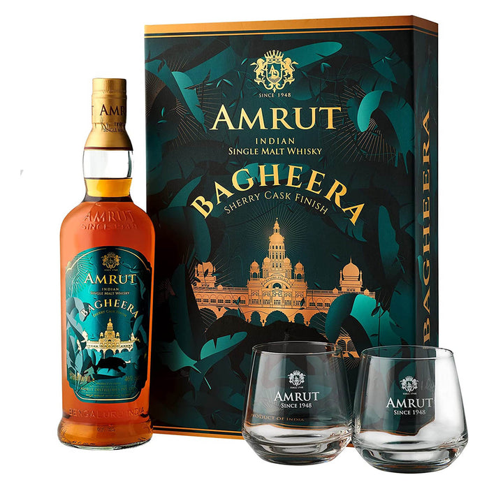 Amrut Bagheera Indian Single Malt Whisky 700ml Gift Set with 2 Glasses