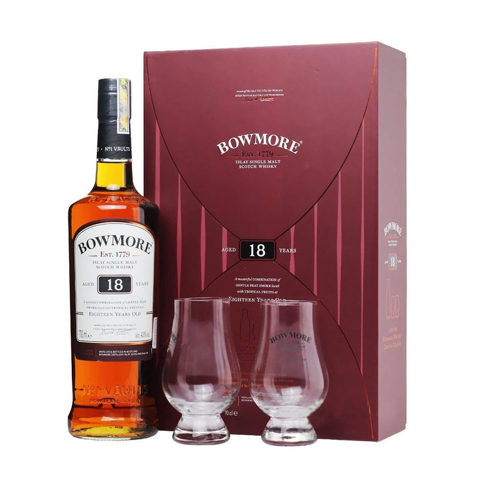 Bowmore 18 Years old Scotch Whisky ABV 40% 70cl FREE 2 Whisky Glass Gift Set