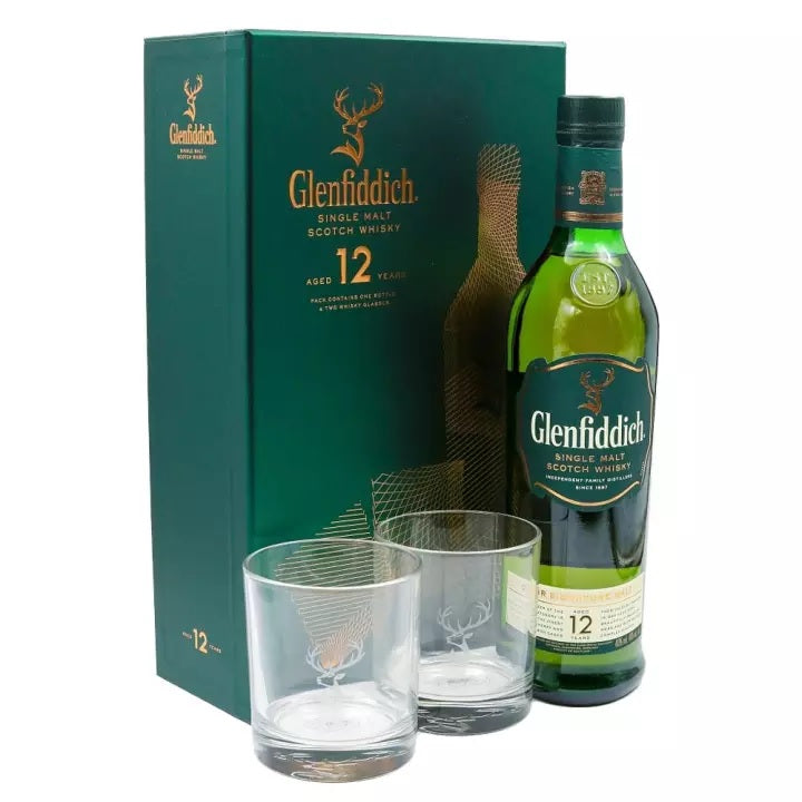 Glenfiddich 12 Year Old Speyside Single Malt Scotch Whisky ABV 40% Gift Set 75cl FREE 2 Glasses