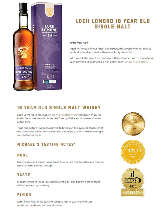 Loch Lomond 18 Year Old Single Malt Scotch Whisky ABV 46% 700ml