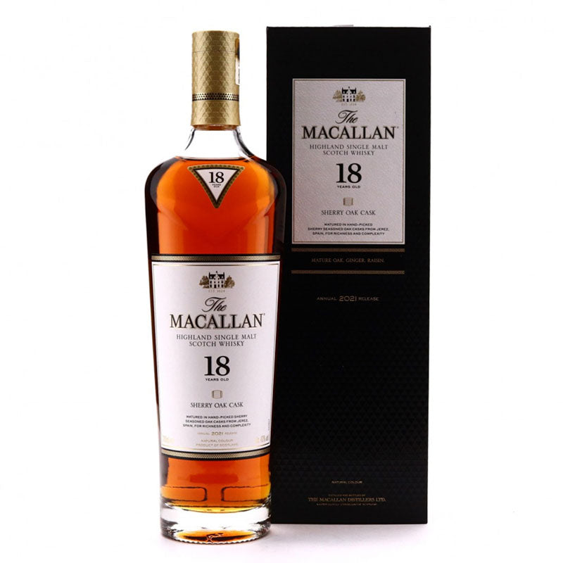 The Macallan 18 Year Old Sherry Oak - 2021 Annual Release Highland Single Malt Scotch Whisky ABV 43% 70cl with Gift Box
