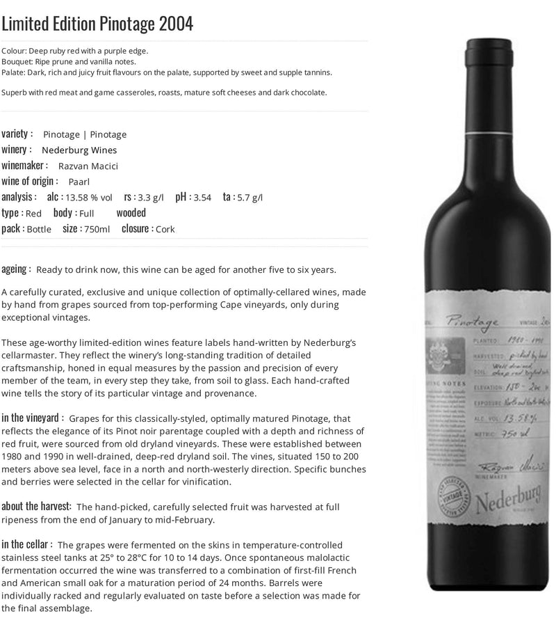 Nederburg Vintage Pinotage 2004 ABV 13.5% 750ml (Old wine, cork may break)