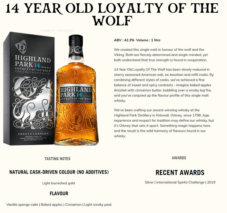 (1L) Highland Park 14 Year Loyalty Of The Wolf Single Malt Scotch Whisky ABV 42.3% 1000ml