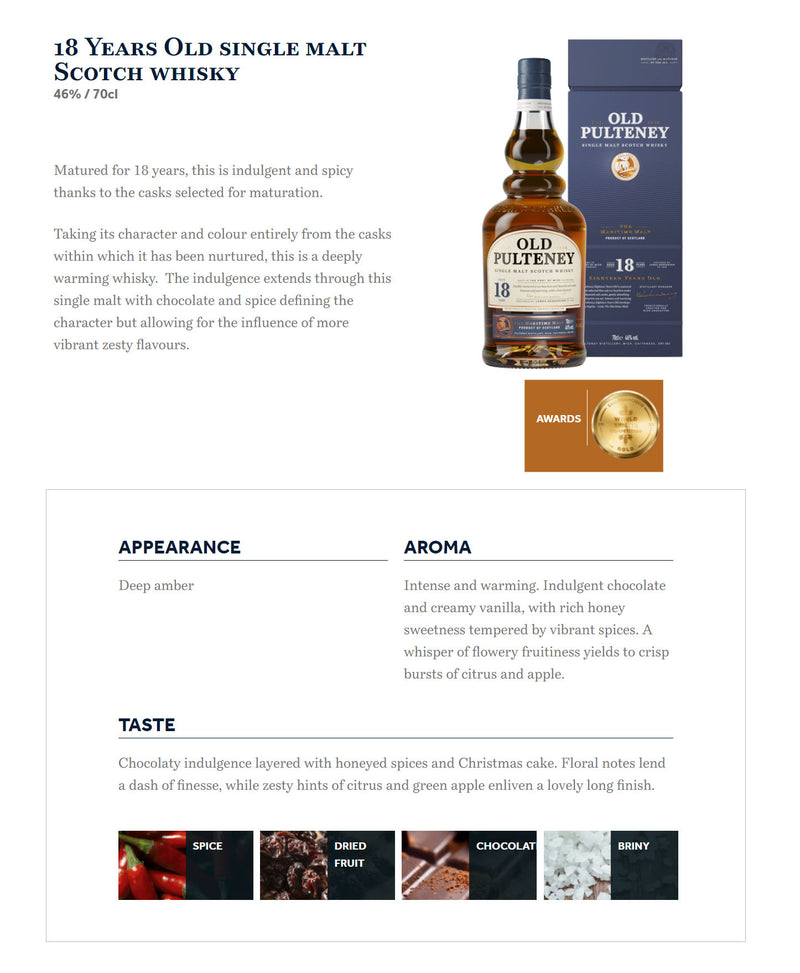 Old Pulteney 18 Year Old Single Malt Scotch Whisky ABV 46% 700ml with Gift Box