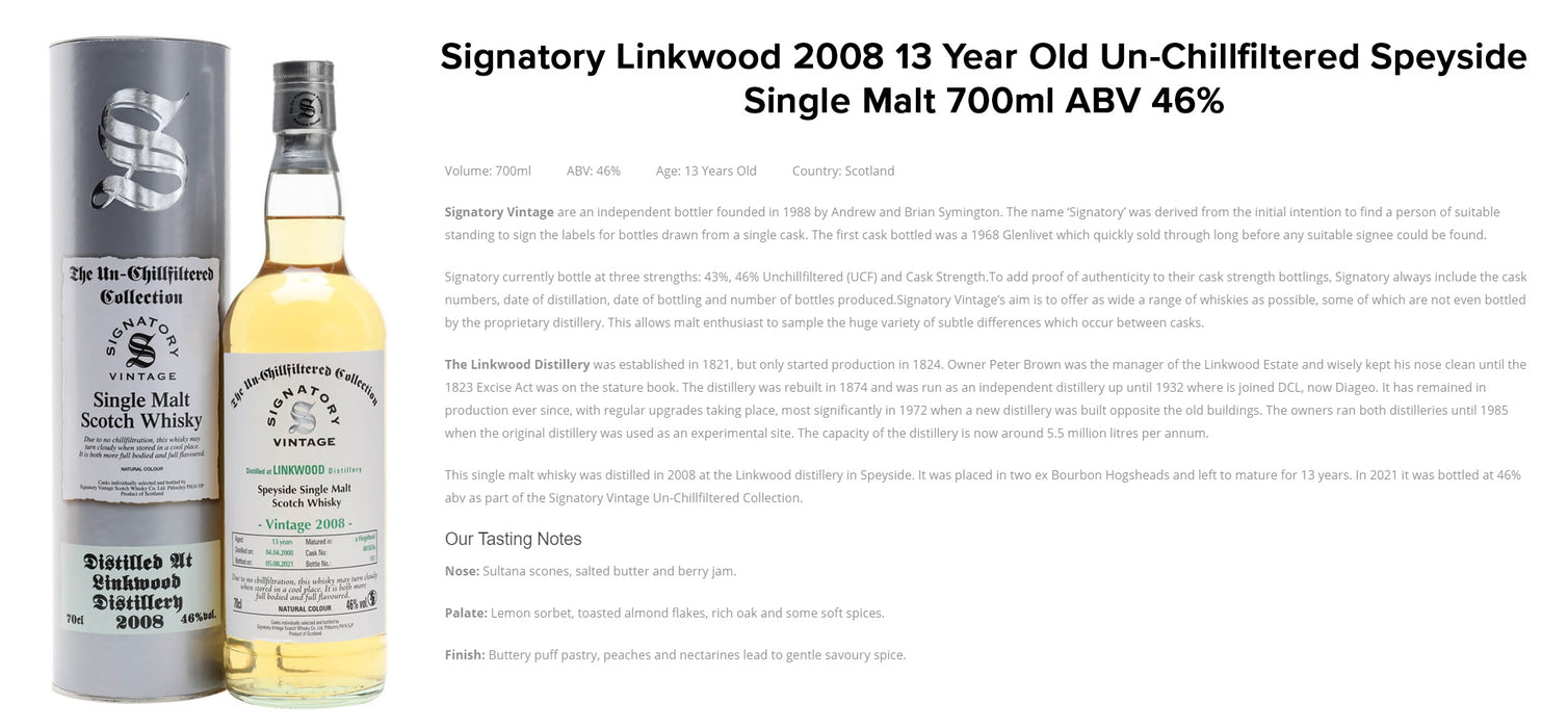 Signatory Vintage Linkwood 2008 13 Year Old Un-Chillfiltered Speyside Single Malt 700ml ABV 46%