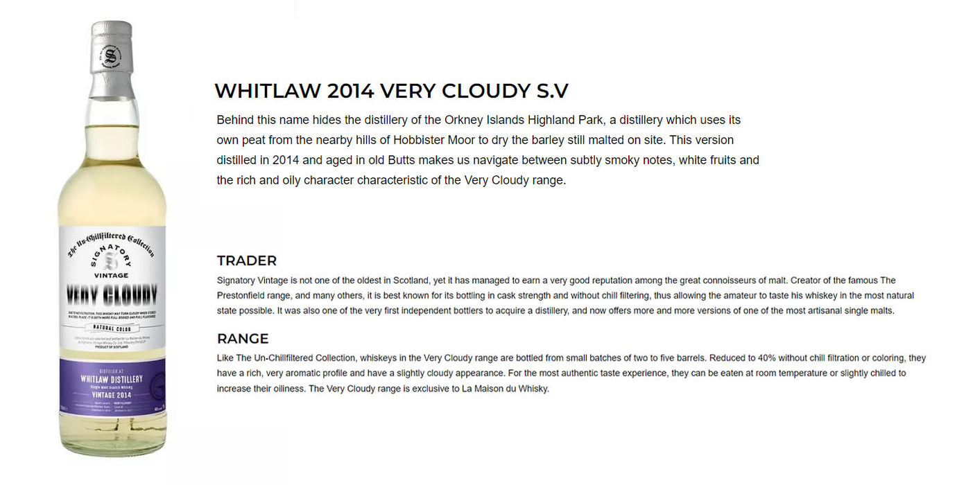 Signatory Vintage Whitlaw 2014 6 Year Very Cloudy Single Malt Whisky 700ml ABV 40%