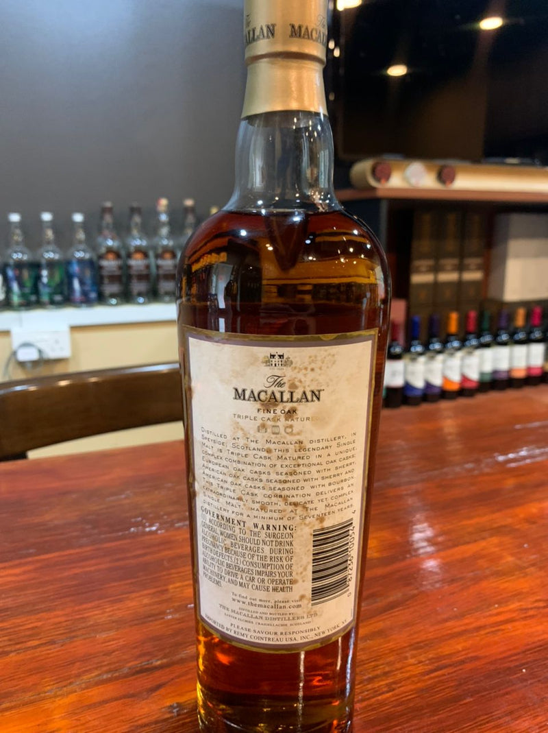(Clearance) The Macallan 17 Year Old Fine Oak Highland Single Malt Scotch Whisky ABV 40% 70cl (Condition: Discontinued (No Box). Label shows heavy wear/tarnish. Fragile Cork: Please open with extreme care as it may break.)