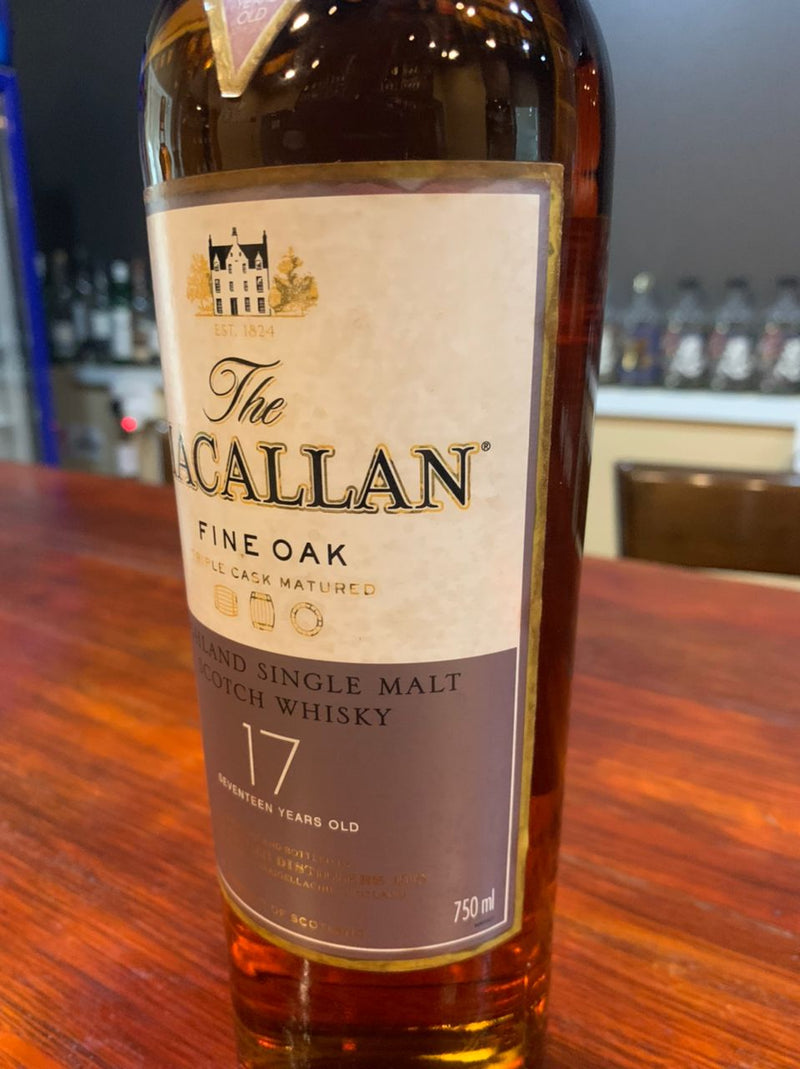 (Clearance) The Macallan 17 Year Old Fine Oak Highland Single Malt Scotch Whisky ABV 40% 70cl (Condition: Discontinued (No Box). Label shows heavy wear/tarnish. Fragile Cork: Please open with extreme care as it may break.)