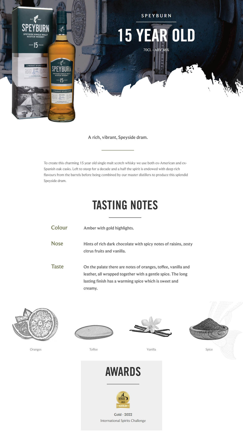 Speyburn 15 Year Old Speyside Single Malt Scotch Whisky ABV 46% 700ml