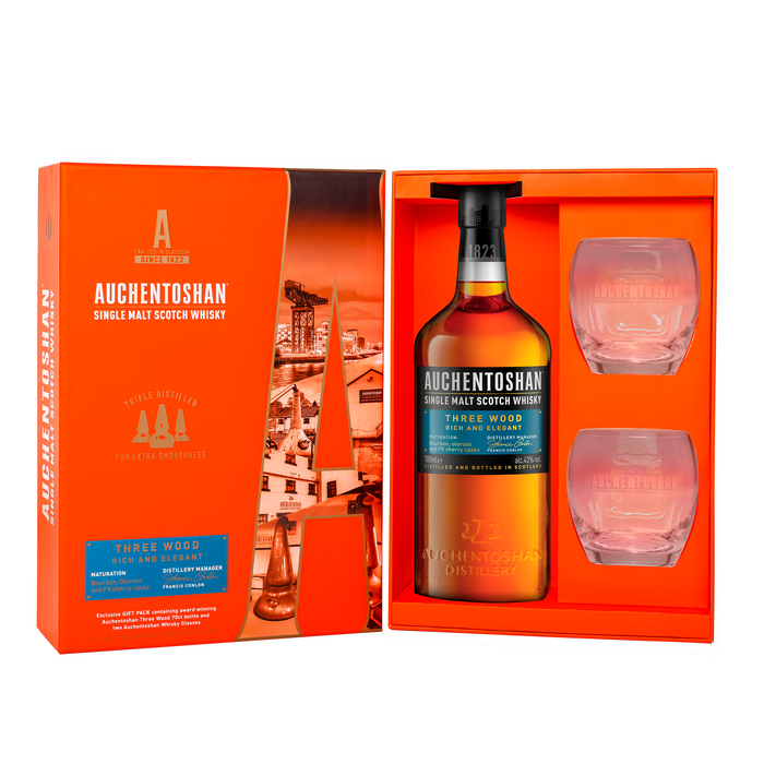 Auchentoshan Three Wood Single Malt Scotch Whisky ABV 43% 70cl Gift Set