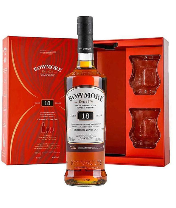 Bowmore 18 Year Old Scotch Whisky ABV 40% 70cl Gift Set with 2 Premium Glassware Free